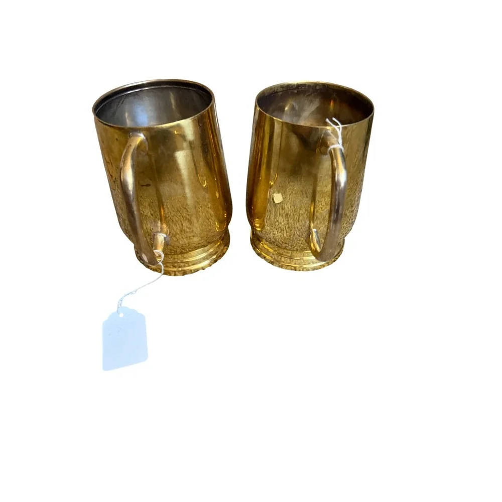 Vintage Brass Tankard Mugs Set of 2 India Gold Beer Stein Cup Barware 5 inch